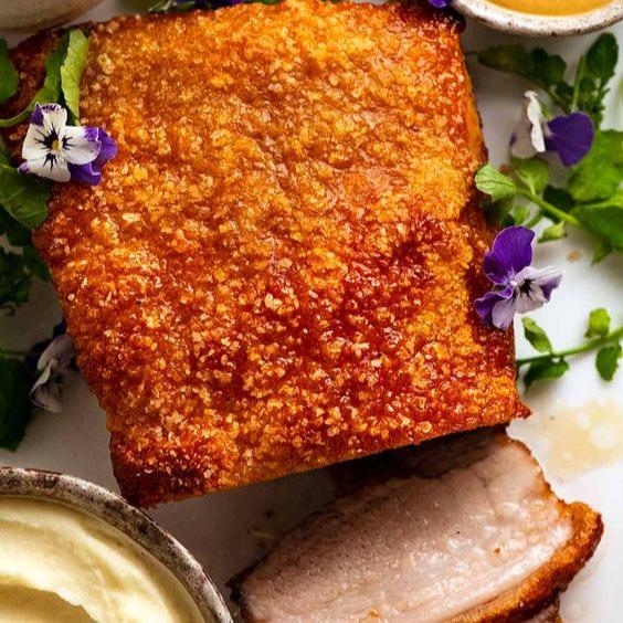 Roast pork belly (slow-cooked) with smoked truffle hollandaise