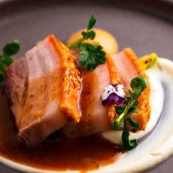 Roast pork belly (slow-cooked) with smoked truffle hollandaise